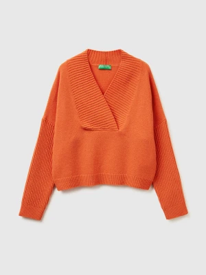 Benetton, Boxy Fit Sweater With V-neck, Size: XXS, Orange, Women United Colors of Benetton