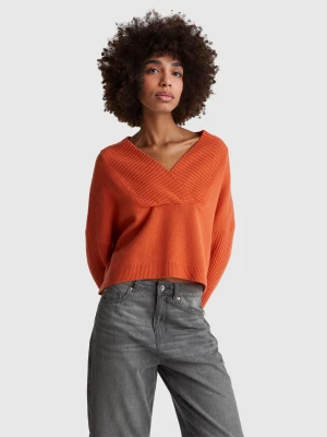 Benetton, Boxy Fit Sweater With V-neck, Size: XXS, Orange, Women United Colors of Benetton