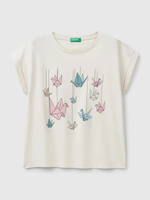 Benetton, Boxy Fit T-shirt With Print And Glitter, size XL, Beige, Kids United Colors of Benetton