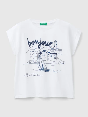 Benetton, Boxy Fit T-shirt With Print And Glitter, size S, White, Kids United Colors of Benetton