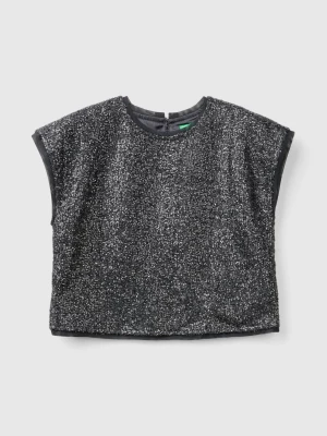 Benetton, Boxy Fit Top With Sequins, size L, Black, Kids United Colors of Benetton