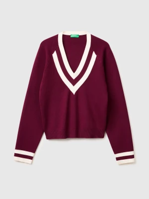 Benetton, Boxy Fit V-neck Sweater, Size: XS, Burgundy, Women United Colors of Benetton