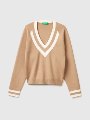 Benetton, Boxy Fit V-neck Sweater, Size: XS, Camel, Women United Colors of Benetton