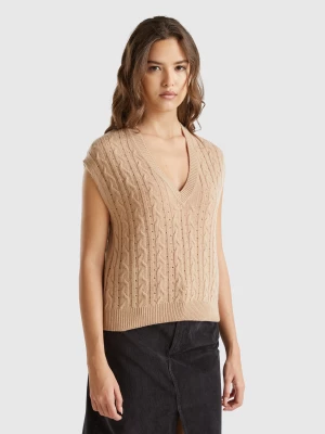 Benetton, Boxy Fit Vest With Cable Knit And Perforations, size XS, Camel, Women United Colors of Benetton