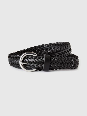 Benetton, Braided Leather Belt, Black, Women United Colors of Benetton
