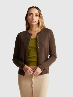 Benetton, Brown Crew Neck Cardigan In Pure Merino Wool, Size: XXS, Brown, Women United Colors of Benetton