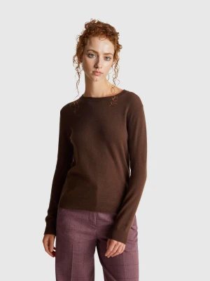 Benetton, Brown Crew Neck Sweater In Merino Wool, Size: XXS, Brown, Women United Colors of Benetton