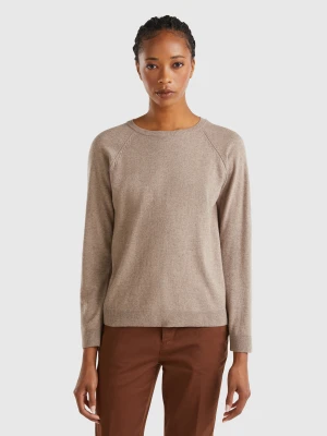 Benetton, Brown Mélange Crew Neck Sweater In Wool And Cashmere Blend, Size: XXS, Brown, Women United Colors of Benetton