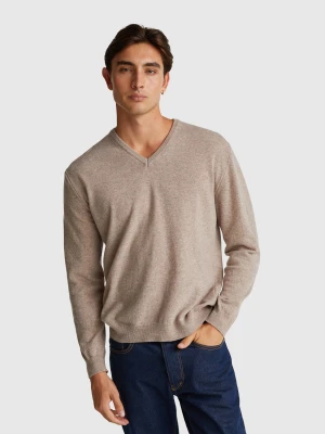 Benetton, Brown Mélange V-neck Sweater In Pure Merino Wool, Size: XS, Dove Gray, Men United Colors of Benetton