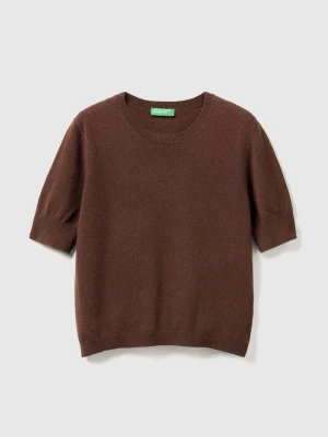 Benetton, Brown Short Sleeve Sweater In Pure Merino Wool, Size: XXS, Brown, Women United Colors of Benetton