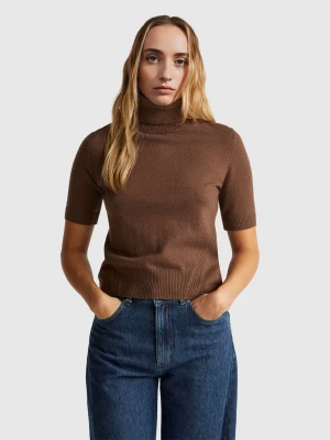 Benetton, Brown Short Sleeve Turtleneck In Cashmere Blend, Size: XXS, Dark Brown, Women United Colors of Benetton