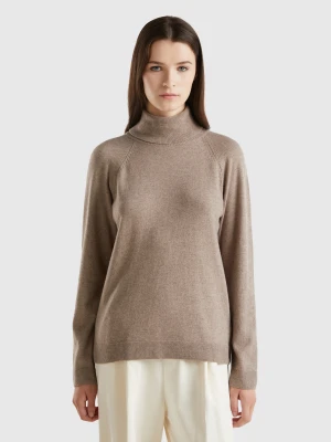Benetton, Brown Turtleneck Sweater In Cashmere And Wool Blend, size XXS, Brown, Women United Colors of Benetton