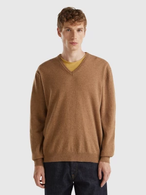 Benetton, Brown V-neck Sweater In Pure Merino Wool, size L, Brown, Men United Colors of Benetton