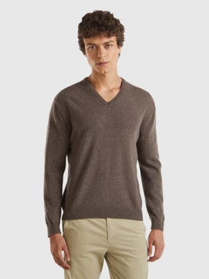 Benetton, Brown V-neck Sweater In Pure Merino Wool, size L, Dark Brown, Men United Colors of Benetton