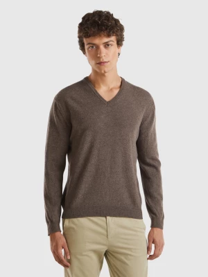 Benetton, Brown V-neck Sweater In Pure Merino Wool, size M, Brown, Men United Colors of Benetton