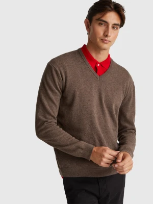 Benetton, Gray V-neck Sweater In Pure Merino Wool, size XS, Gray, Men United Colors of Benetton