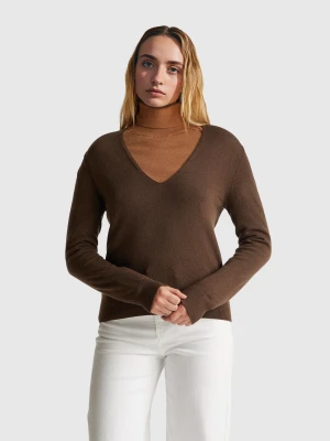 Benetton, Brown V-neck Sweater In Pure Merino Wool, Size: XXS, Brown, Women United Colors of Benetton