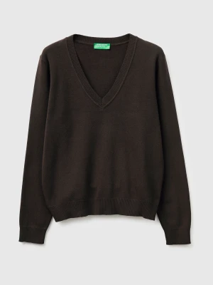 Benetton, Brown V-neck Sweater In Tricot Cotton, Size: XS, Brown, Women United Colors of Benetton