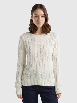 Benetton, Cable Knit Sweater 100% Cotton, size L, Creamy White, Women United Colors of Benetton