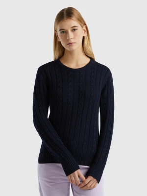 Benetton, Cable Knit Sweater 100% Cotton, size L, Dark Blue, Women United Colors of Benetton