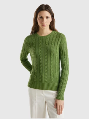 Benetton, Cable Knit Sweater 100% Cotton, size L, Military Green, Women United Colors of Benetton
