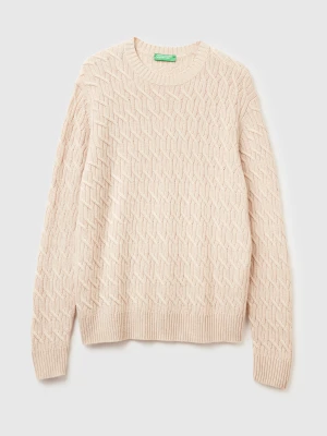 Benetton, Cable Knit Sweater In Cashmere Blend, Size: XS, Creamy White, Men United Colors of Benetton