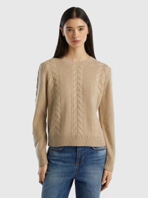 Benetton, Cable Knit Sweater In Pure Cashmere, size L, Beige, Women United Colors of Benetton