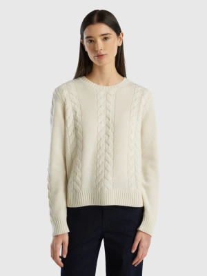 Benetton, Cable Knit Sweater In Pure Cashmere, size L, Creamy White, Women United Colors of Benetton