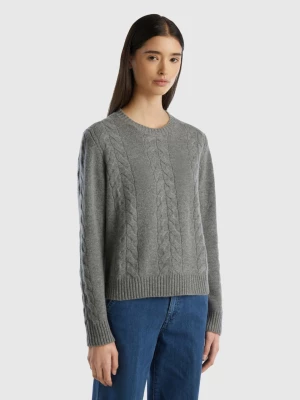 Benetton, Cable Knit Sweater In Pure Cashmere, size L, Dark Gray, Women United Colors of Benetton