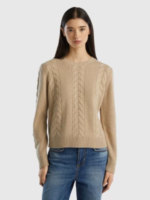 Benetton, Cable Knit Sweater In Pure Cashmere, size S, Beige, Women United Colors of Benetton