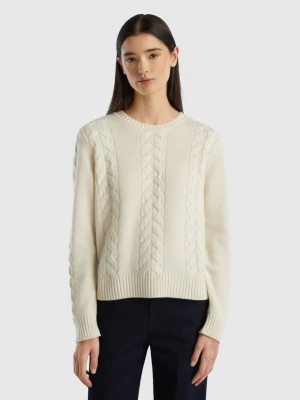 Benetton, Cable Knit Sweater In Pure Cashmere, size S, Creamy White, Women United Colors of Benetton