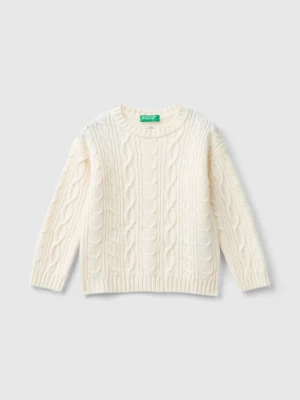 Benetton, Cable Knit Sweater In Wool Blend, size 110, Creamy White, Kids United Colors of Benetton