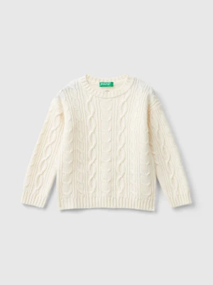 Benetton, Cable Knit Sweater In Wool Blend, Size: 116, Creamy White, Kids United Colors of Benetton