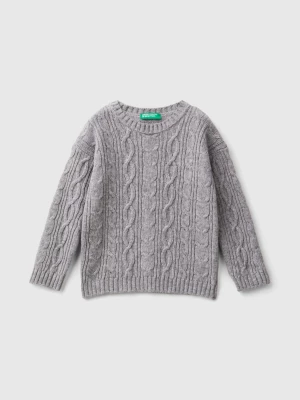 Benetton, Cable Knit Sweater In Wool Blend, size 116, Light Gray, Kids United Colors of Benetton