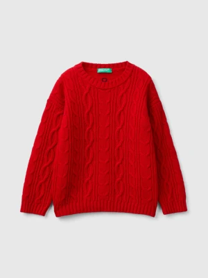 Benetton, Cable Knit Sweater In Wool Blend, Size: 116, Red, Kids United Colors of Benetton
