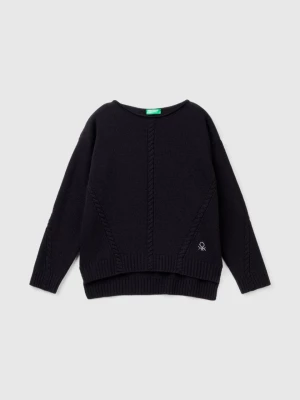 Benetton, Cable Knit Sweater In Wool Blend, size 2XL, Black, Kids United Colors of Benetton