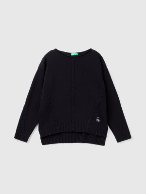 Benetton, Cable Knit Sweater In Wool Blend, size 2XL, Black, Kids United Colors of Benetton