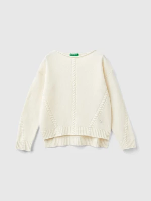 Benetton, Cable Knit Sweater In Wool Blend, size 2XL, Creamy White, Kids United Colors of Benetton