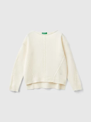 Benetton, Cable Knit Sweater In Wool Blend, size 2XL, Creamy White, Kids United Colors of Benetton