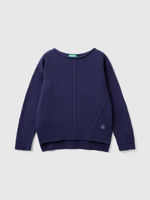 Benetton, Cable Knit Sweater In Wool Blend, size 2XL, Dark Blue, Kids United Colors of Benetton