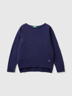 Benetton, Cable Knit Sweater In Wool Blend, size 2XL, Dark Blue, Kids United Colors of Benetton