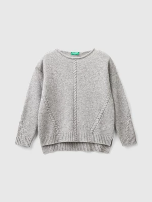 Benetton, Cable Knit Sweater In Wool Blend, size 2XL, Light Gray, Kids United Colors of Benetton