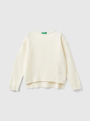 Benetton, Cable Knit Sweater In Wool Blend, size 3XL, Creamy White, Kids United Colors of Benetton
