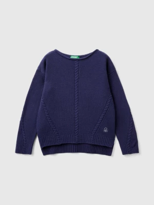 Benetton, Cable Knit Sweater In Wool Blend, size 3XL, Dark Blue, Kids United Colors of Benetton