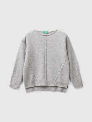 Benetton, Cable Knit Sweater In Wool Blend, size 3XL, Light Gray, Kids United Colors of Benetton