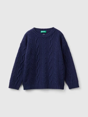 Benetton, Cable Knit Sweater In Wool Blend, size 90, Dark Blue, Kids United Colors of Benetton