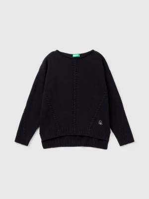 Benetton, Cable Knit Sweater In Wool Blend, size L, Black, Kids United Colors of Benetton