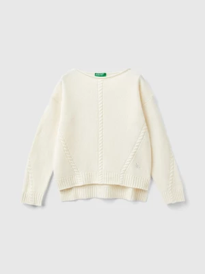 Benetton, Cable Knit Sweater In Wool Blend, size L, Creamy White, Kids United Colors of Benetton