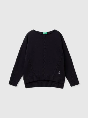 Benetton, Cable Knit Sweater In Wool Blend, size M, Black, Kids United Colors of Benetton