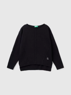 Benetton, Cable Knit Sweater In Wool Blend, size S, Black, Kids United Colors of Benetton